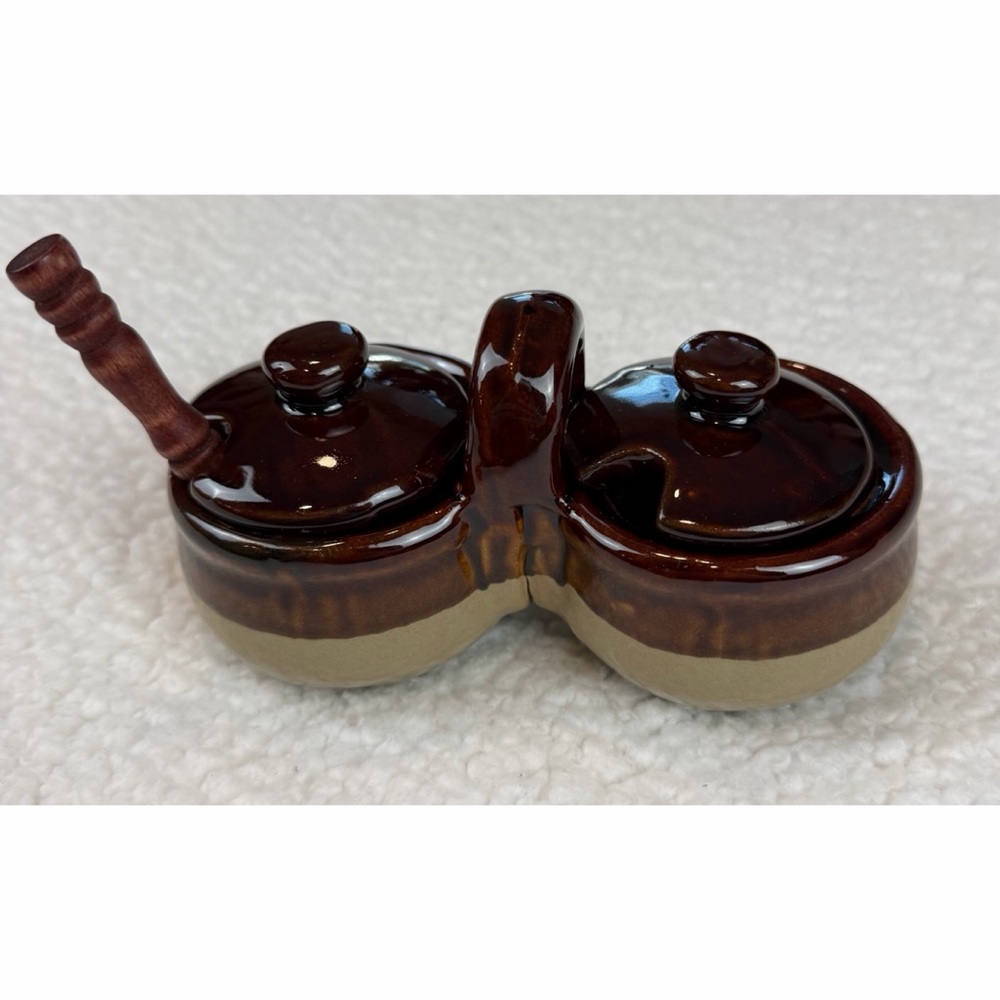 (VTG) Brown/Tan Ceramic Double Condiment Caddy Dish with Spoon - Picture 15 of 15